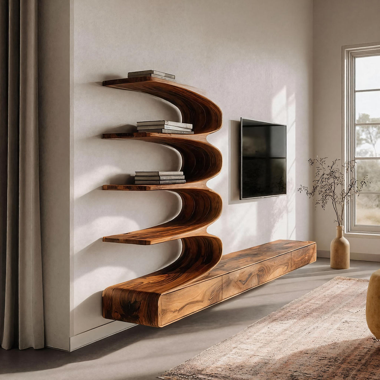 Minimalist Curved TV Console With Drawers For Living Design