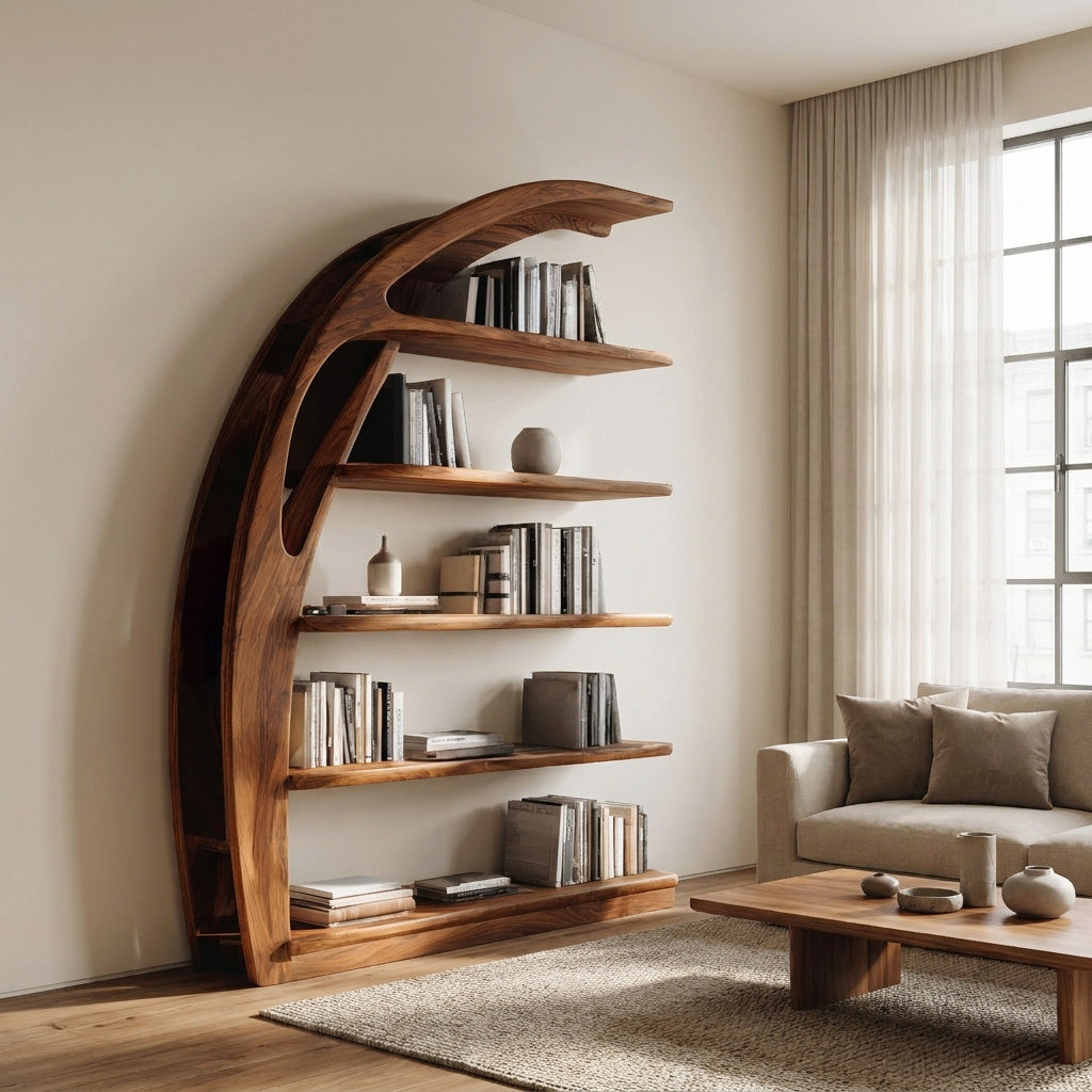 Minimal Curved Wooden Bookshelf For Living Room Display