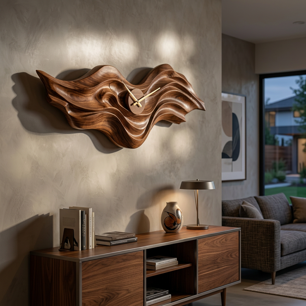 Organic Wood Wall Clock With Wave Sculpture For Living Interior – ET ...