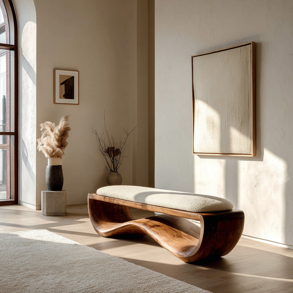 Minimalist Wood Bench With Flowing Base For Living Room Seating