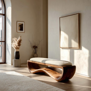Minimalist Wood Bench With Flowing Base For Living Room Seating