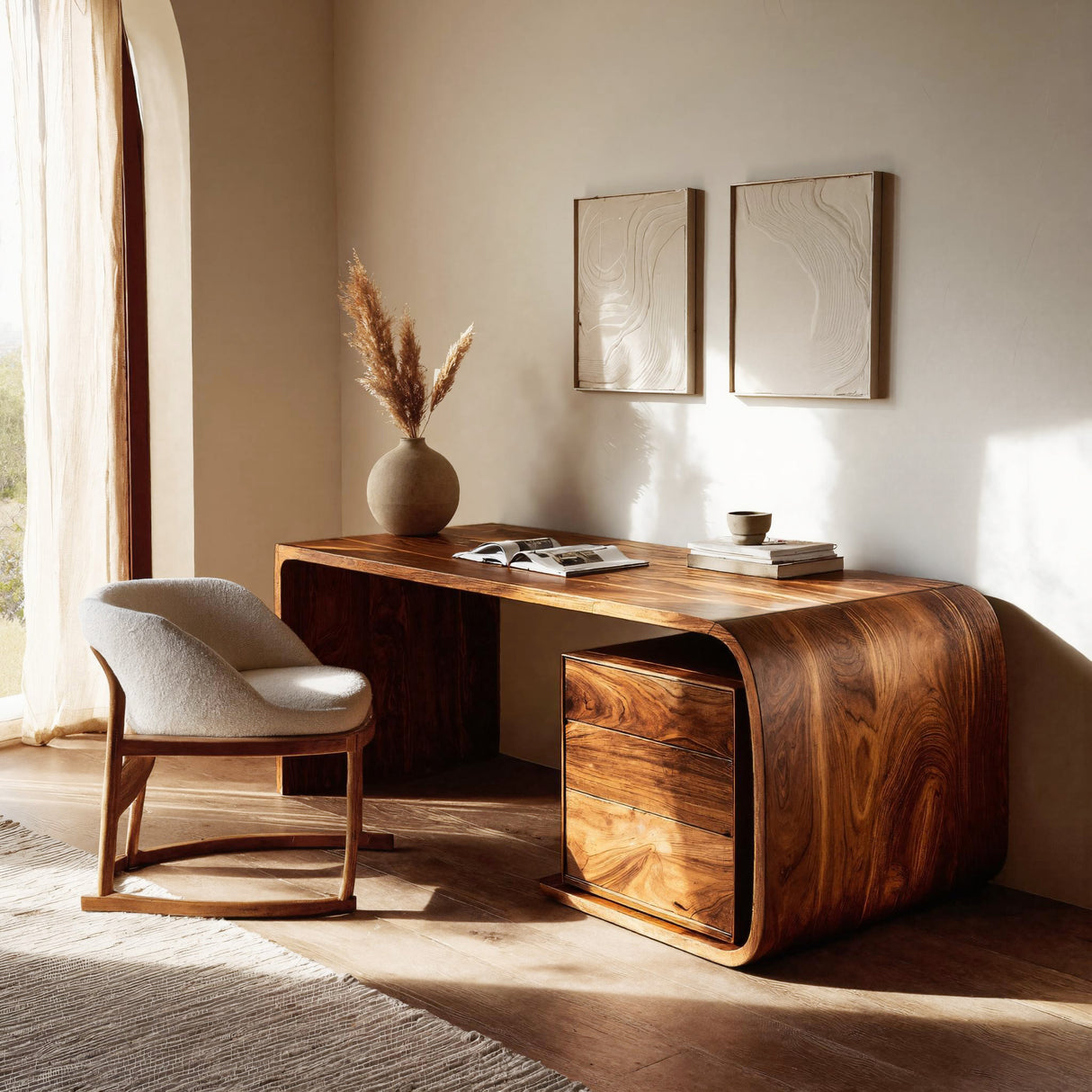 Mid Century Wooden Desk With Integrated Drawer For Home Study