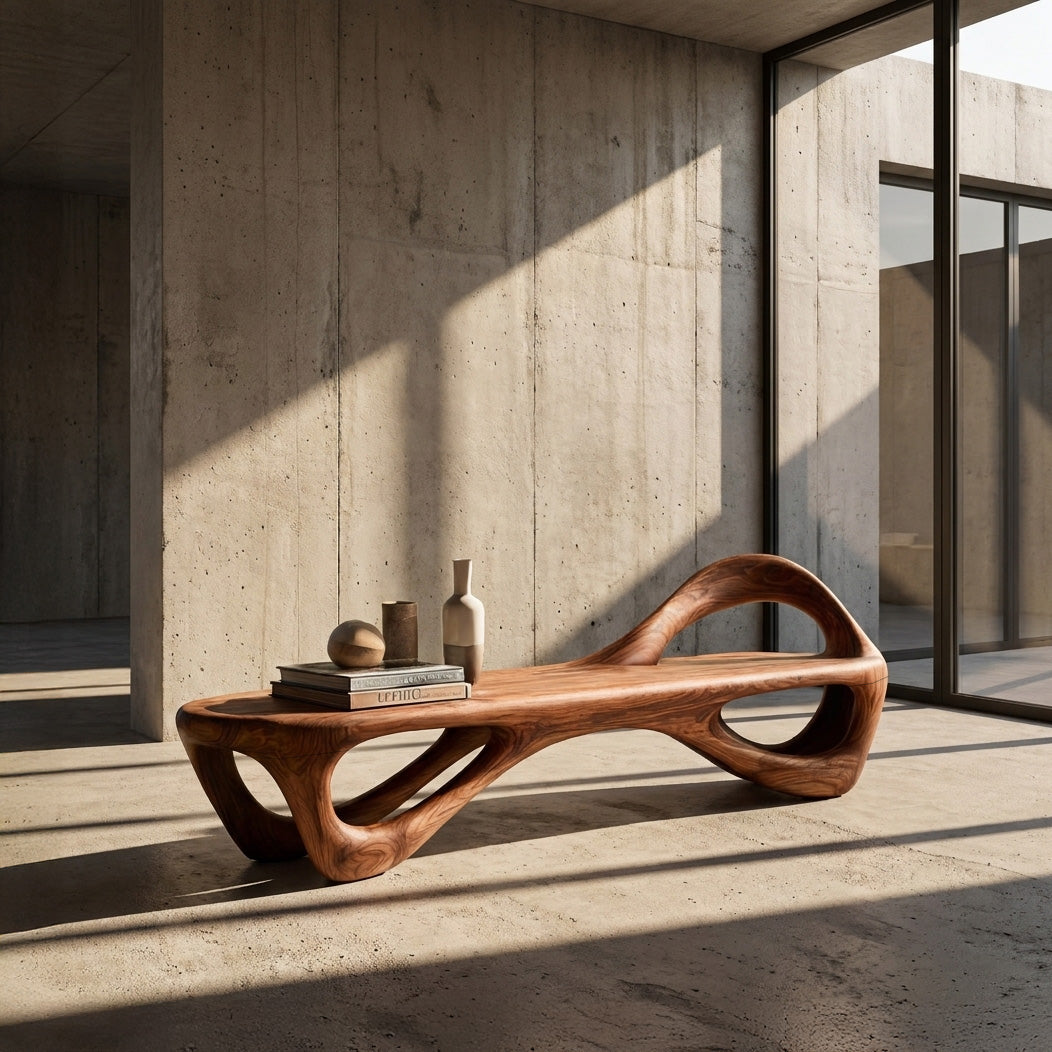 Contemporary Wooden Bench With Unique Form For Living Space