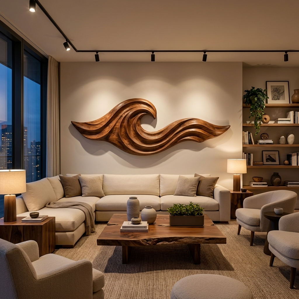 Wooden Ocean Wave Wall Art For Cozy Living Room Decor