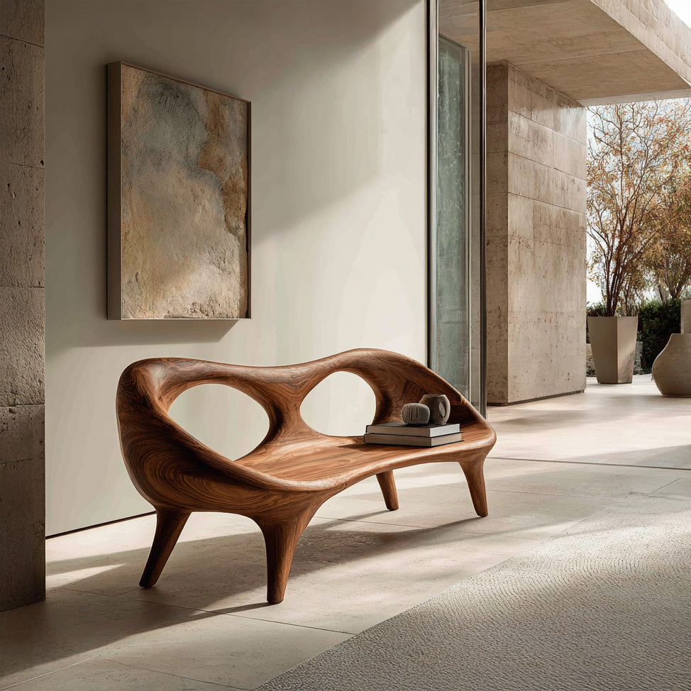 Contemporary Wood Bench With Hollowed-out Backrest For Living Room
