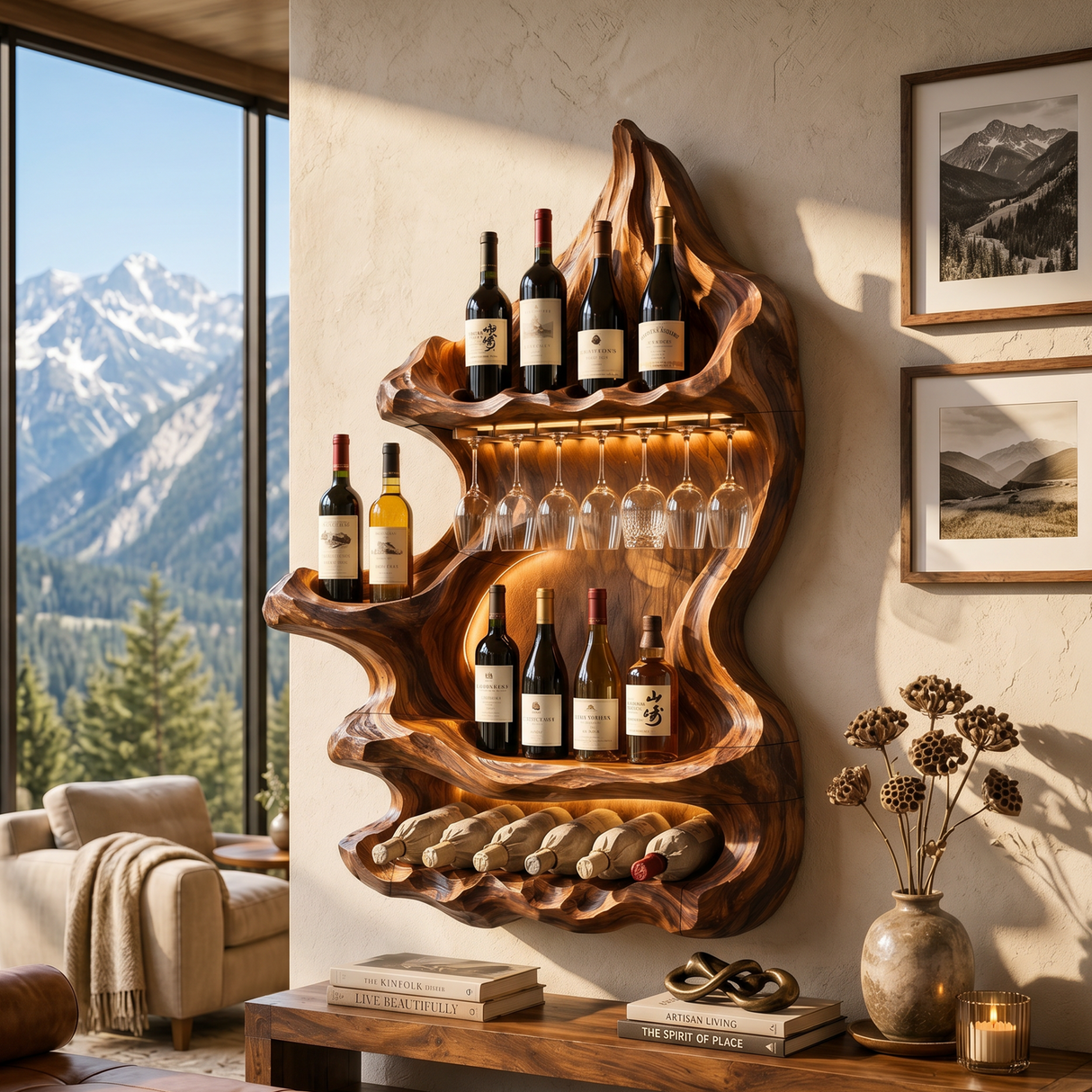 Organic Mountain Inspired Wine Shelf For Lounge Area