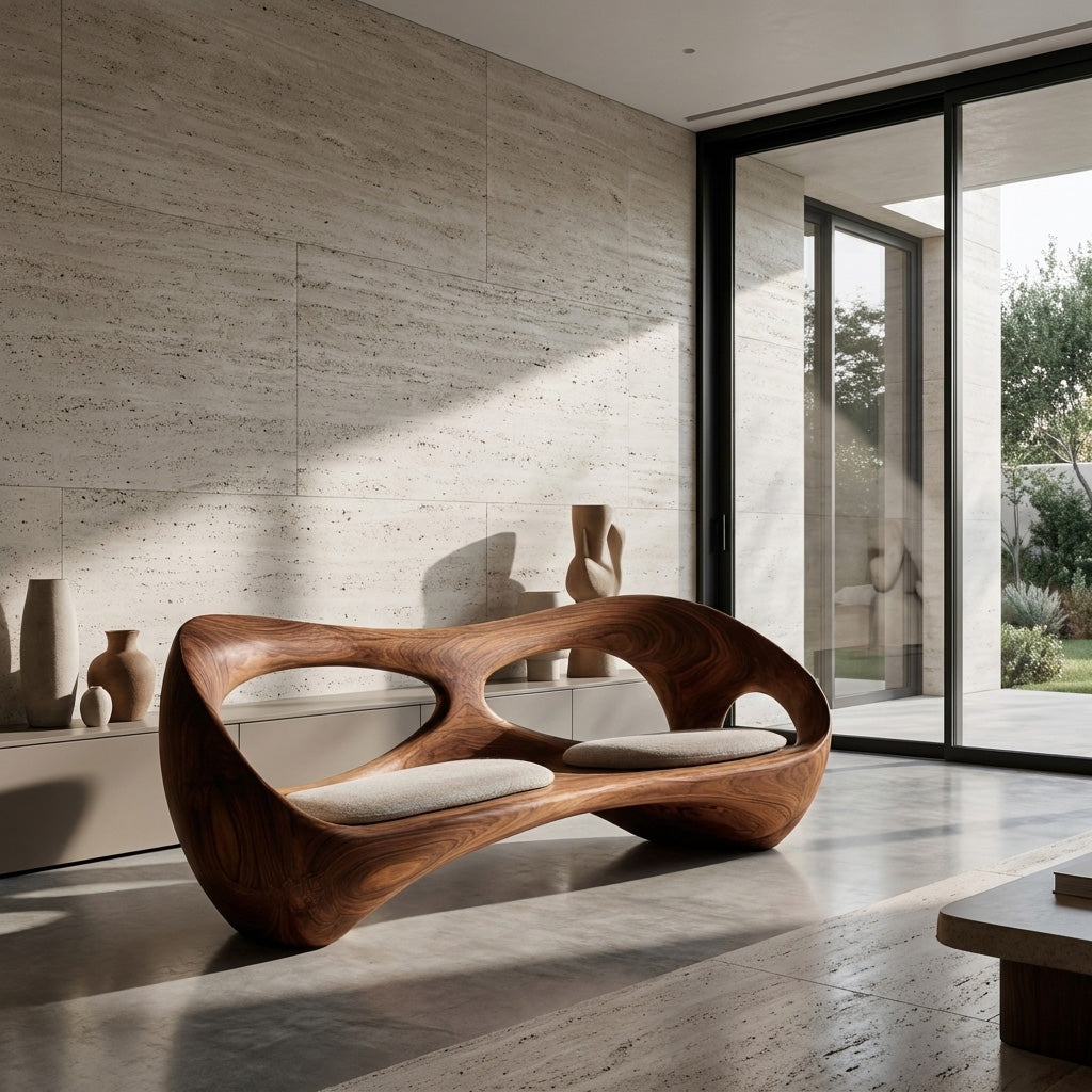 Organic Wooden Bench With Rounded Edges For Living Room