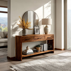 Handcrafted Wooden Console Table With Drawers For Living Room