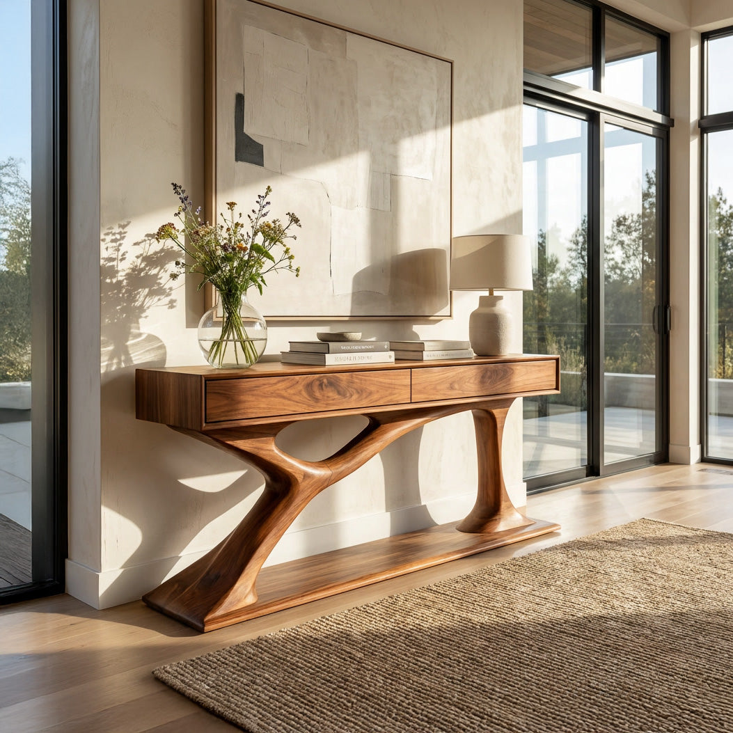 Contemporary Wooden Console Table With Sculptural Base For Living Room