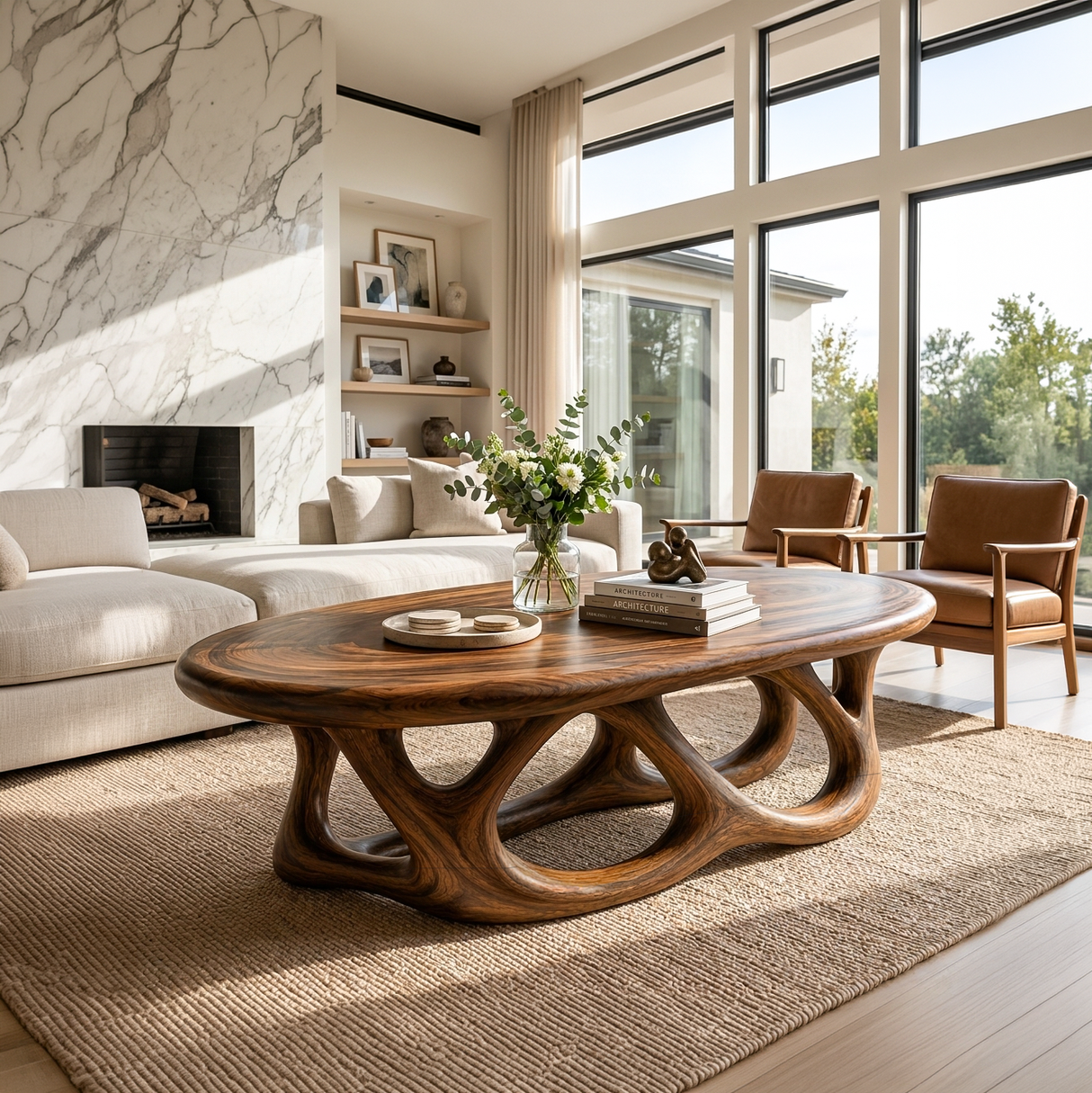 Luxury Oval Coffee Table With Interlocking Sculptural Base For Living