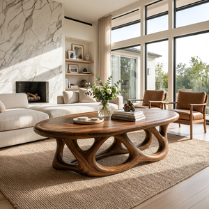 Luxury Oval Coffee Table With Interlocking Sculptural Base For Living