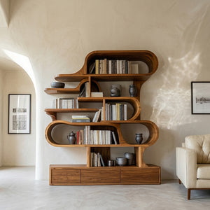 Modern Sculptural Bookshelf With Curved Design For Living Room Or Office