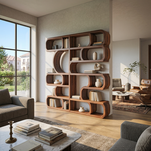 Modern Sculptural Bookshelf With Symmetrical Curves For Living Room Or Office