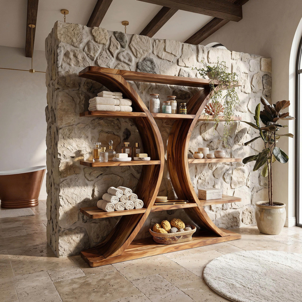 Luxury Organic Wooden Spa Shelf With Sculptural Curved Frame