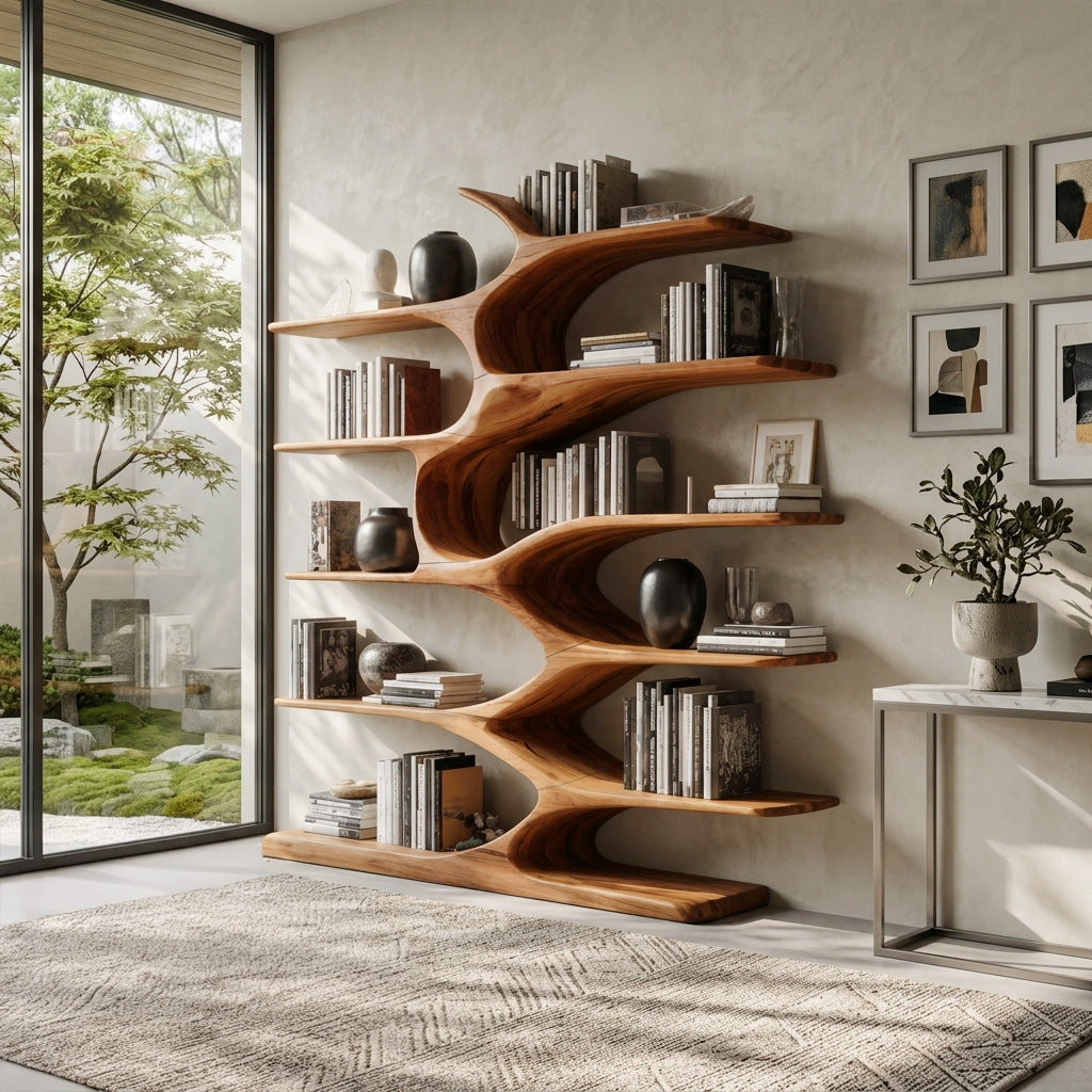 Modern Sculptural Bookshelf With Organic Design For Living Room