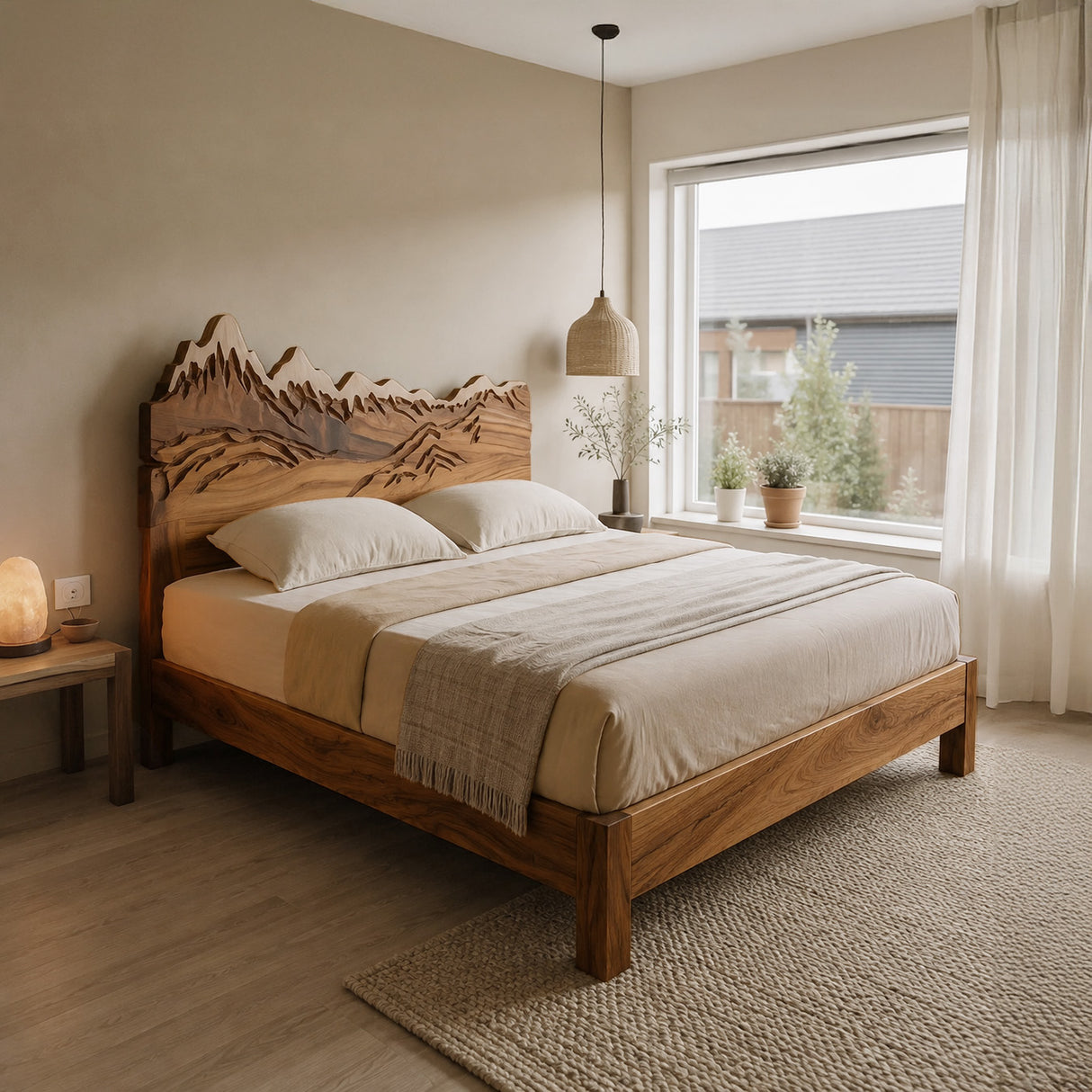 Rustic Style Mountain Carved Headboard And Bed Frame For Bedroom