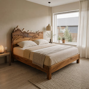 Rustic Style Mountain Carved Headboard And Bed Frame For Bedroom