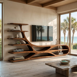Organic Natural Wood TV Stand With Floating Shelves For Home