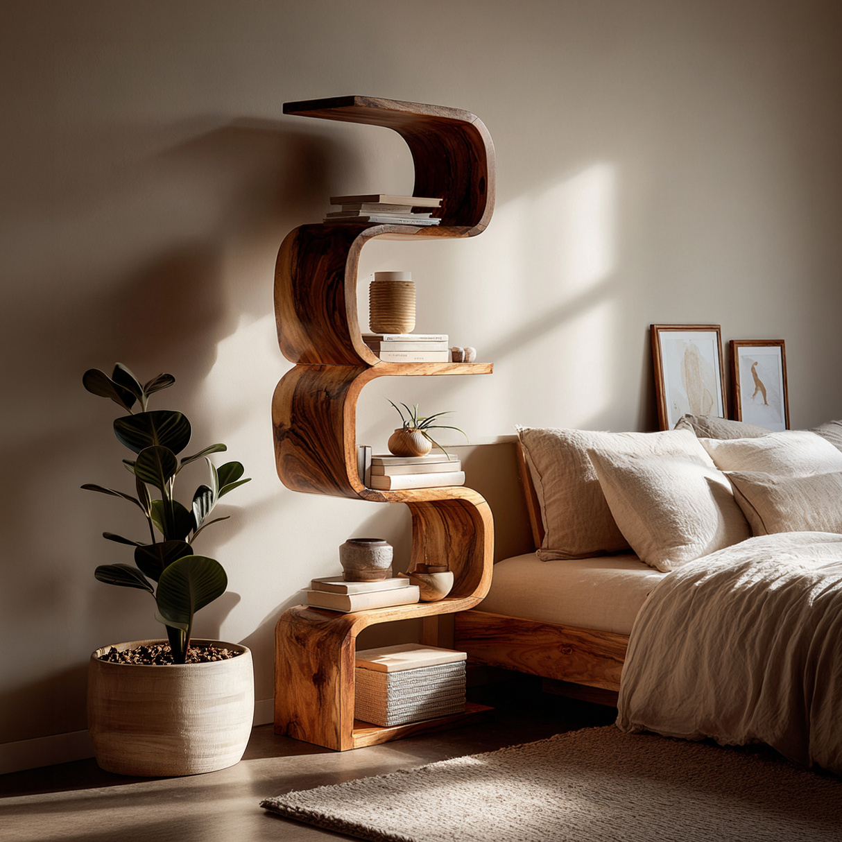 Rustic Farmhouse Wavy Bookshelf Bedroom Corner Display