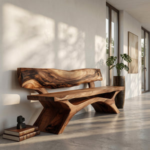 Contemporary Wooden Bench With Live Edge Backrest For Living Room