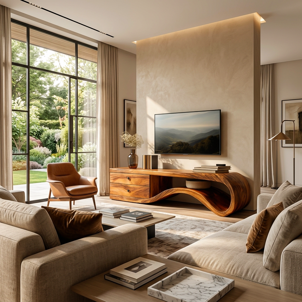 Modern Curved Wooden TV Stand For Living Area