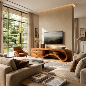 Modern Curved Wooden TV Stand For Living Area