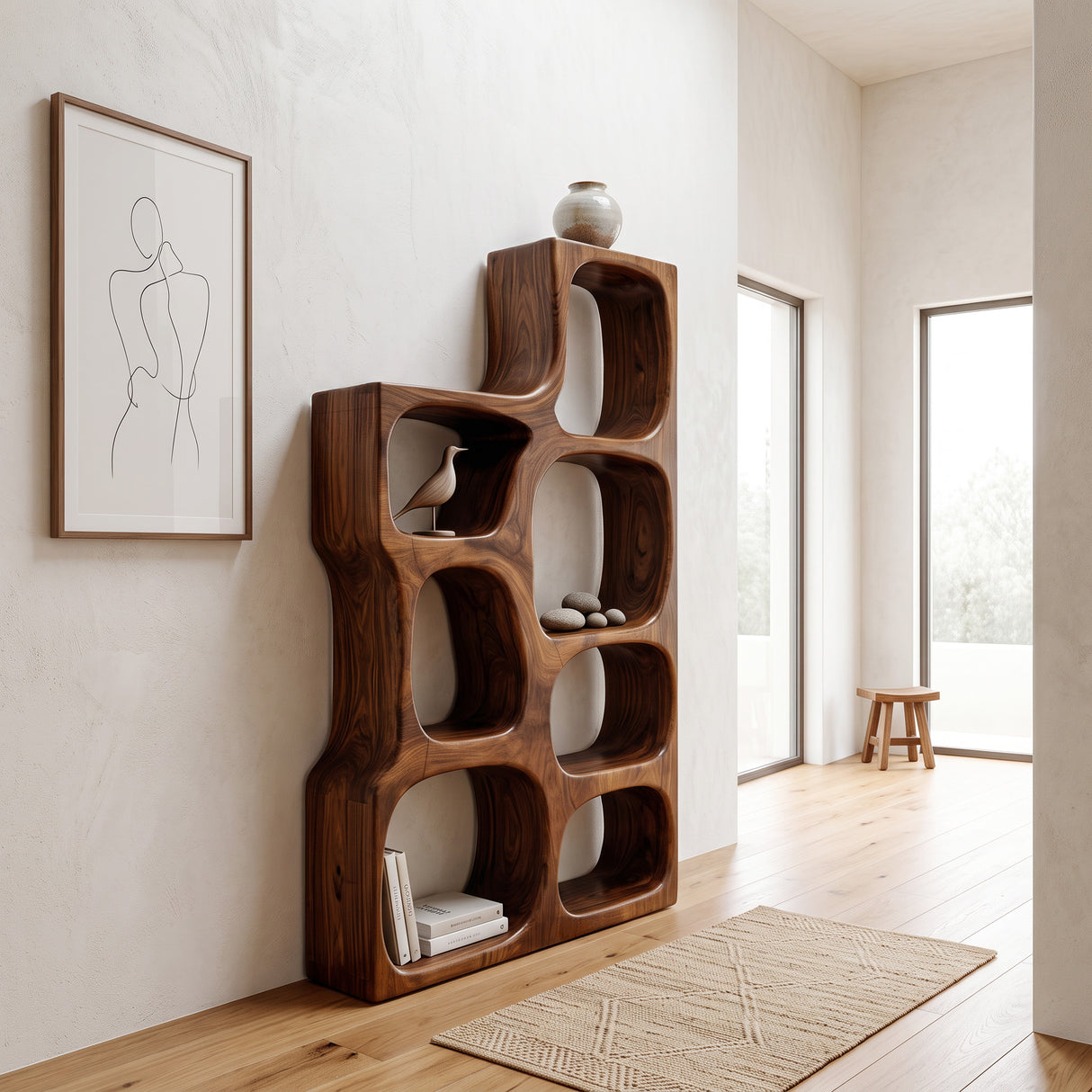 Organic Sculptural Wooden Bookshelf For Modern Living Room