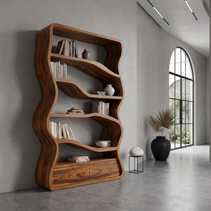 Modern Curved Wooden Bookshelf For Living Room