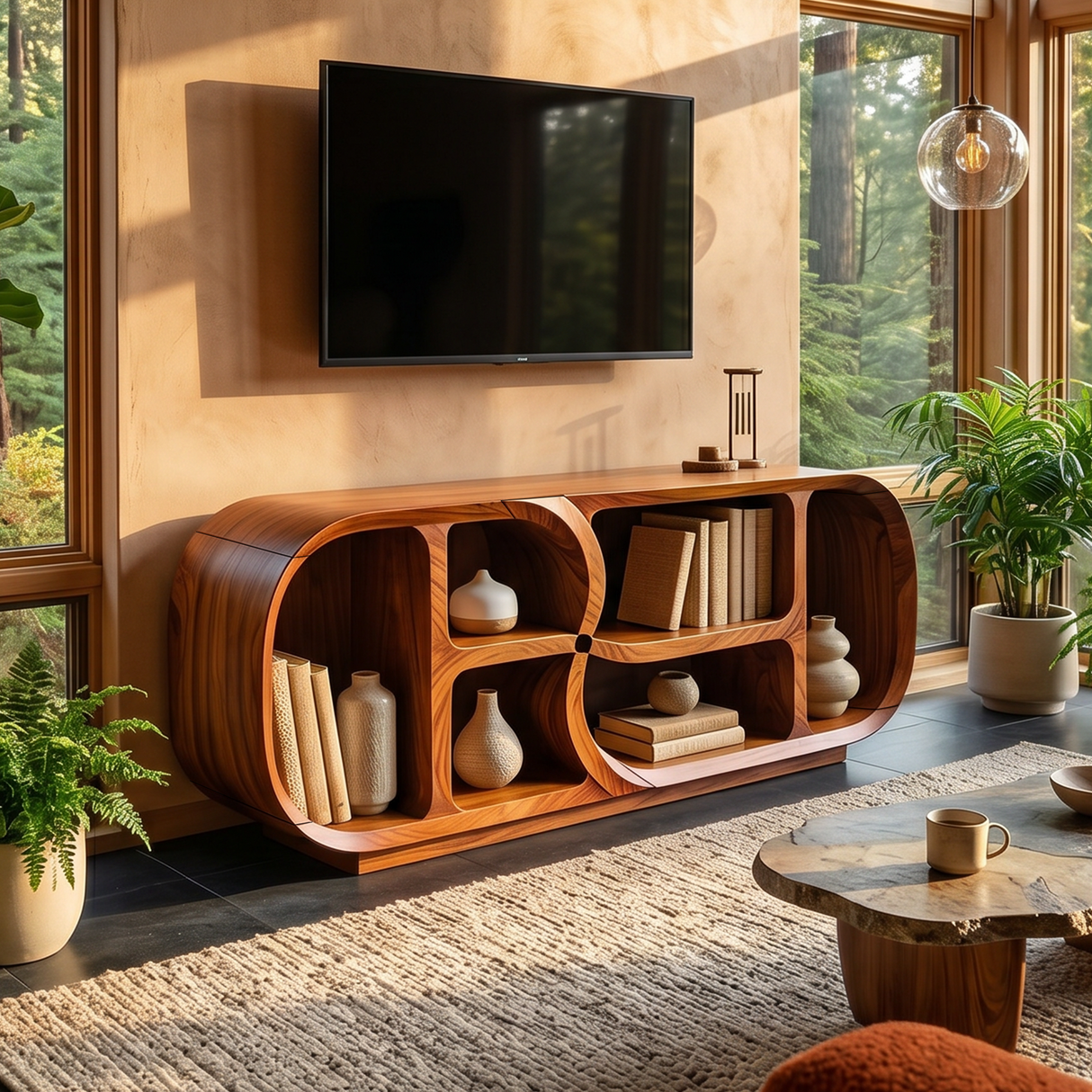 Modern Curved TV Stand For Open Living Interior