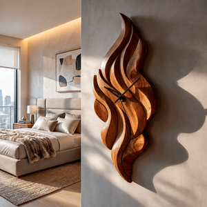 Modern Wooden Wall Clock With Sculptural Wave Carving For Interior