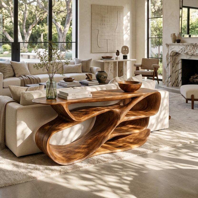 Organic Wooden Console Table With Hollow Compartments For Living Decor
