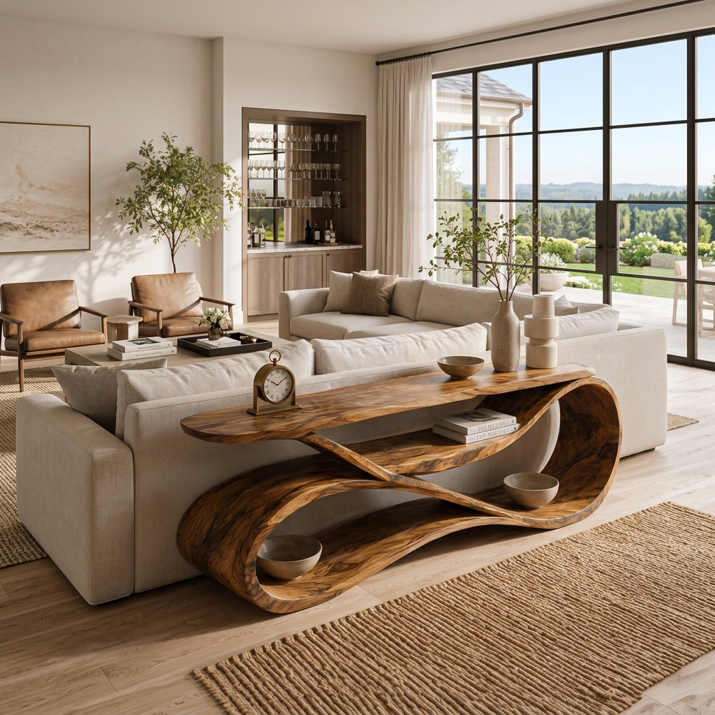 Modern Wooden Console Table Flowing Shelf Design For Living