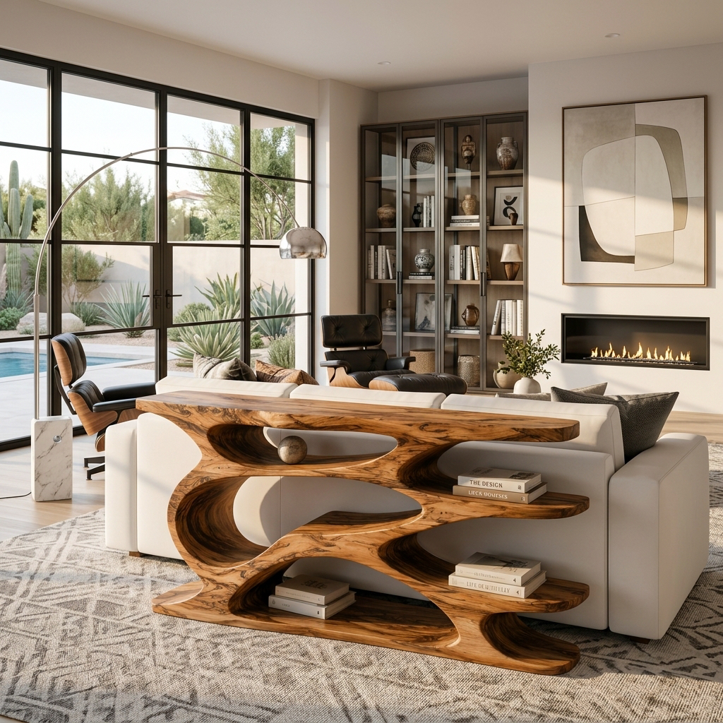 Rustic Wooden Console Table With Curved Open Storage For Living