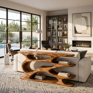 Rustic Wooden Console Table With Curved Open Storage For Living