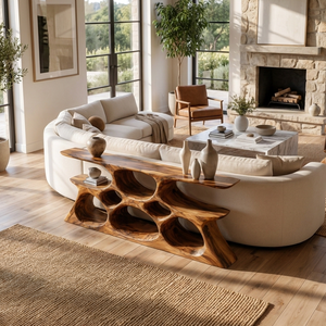 Elegant Wooden Console Table With Sculptural Shelves For Home Decor