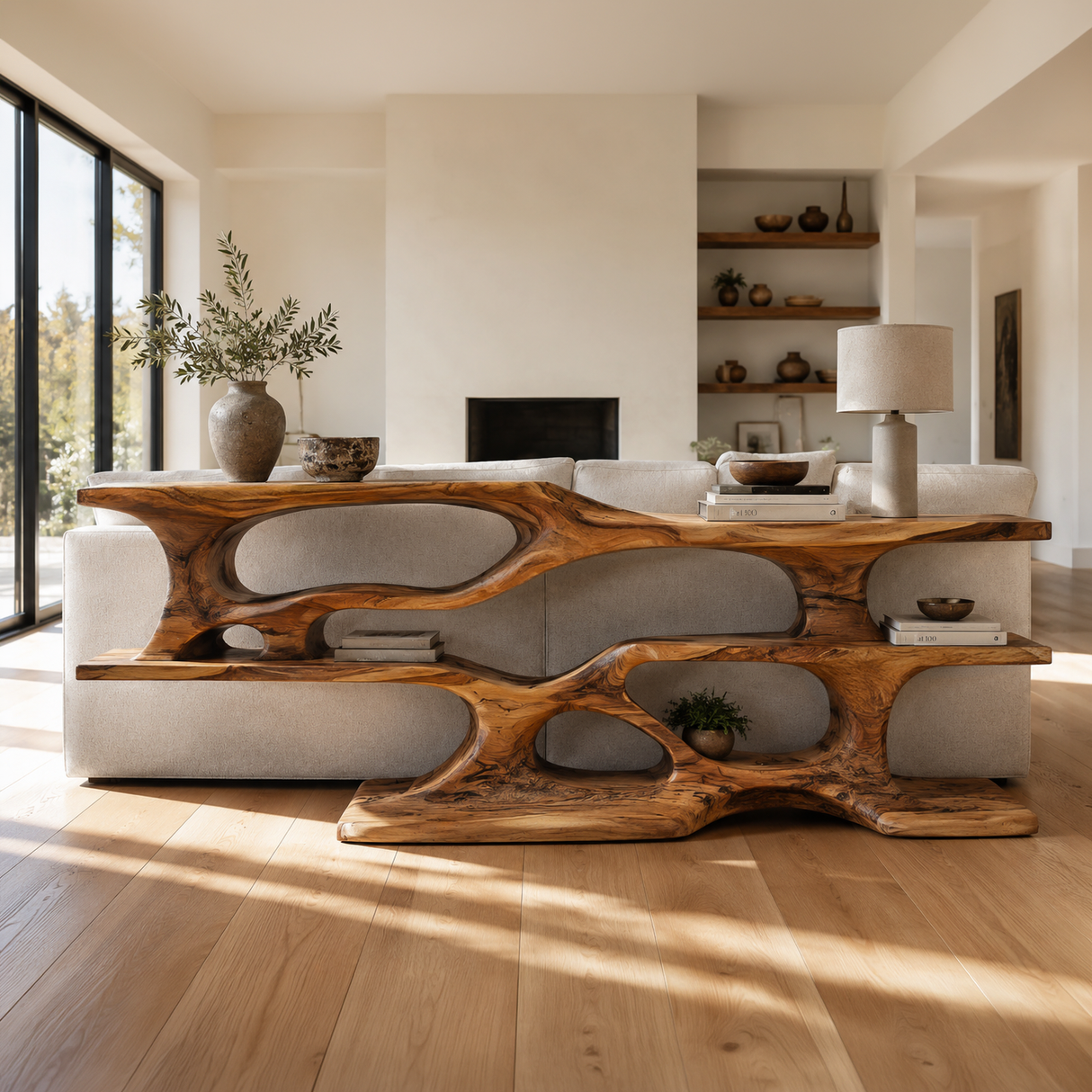 Wooden Console Table With Sculptural Open Shelves For Living