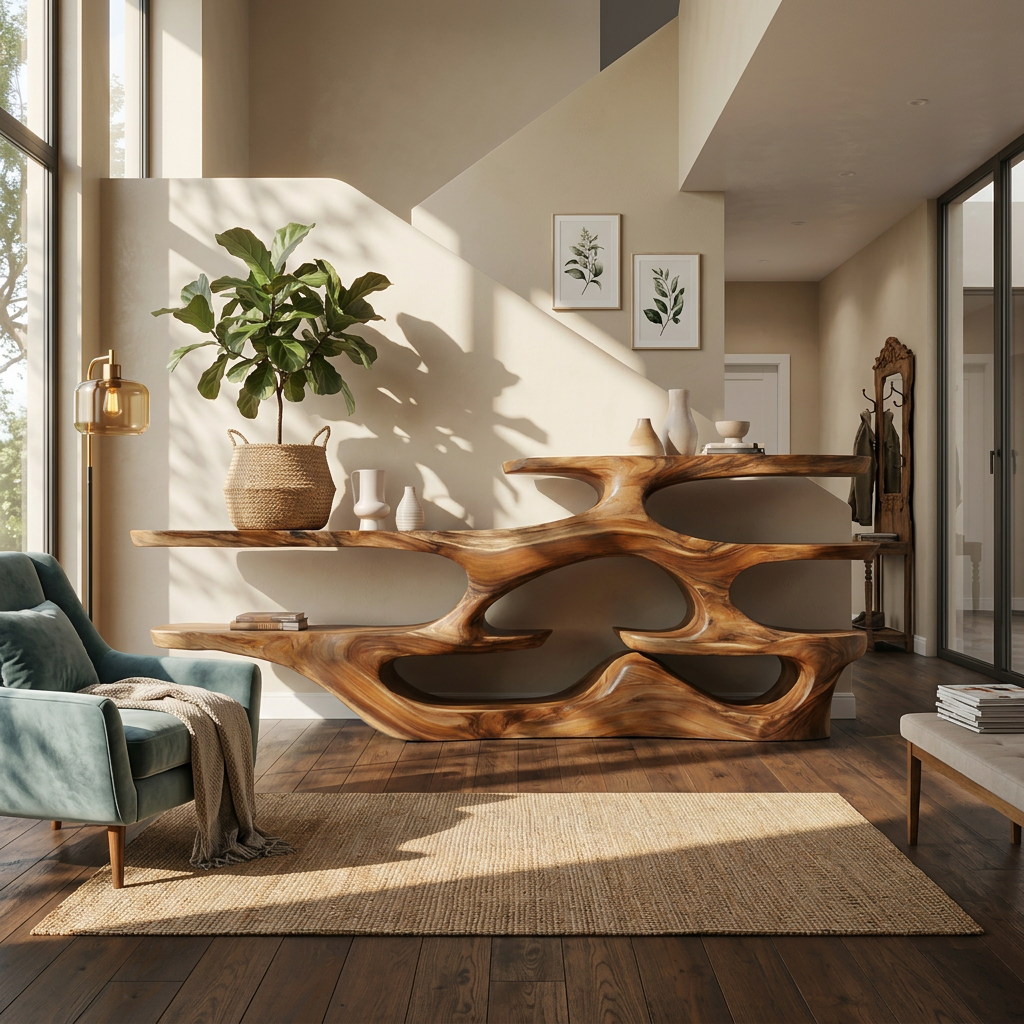 Wooden Console Table With Multi Level Shelves For Living Room