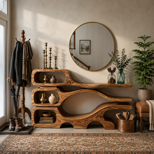 Rustic Wooden Console Table With Sculptural Hollow For Interior