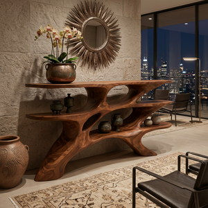 Minimalist Sculptural Wooden Console Table For Living Room