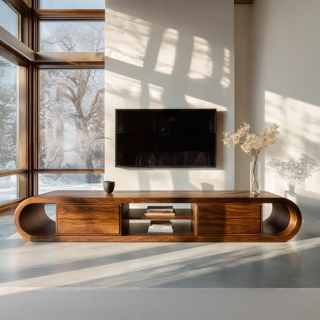 Organic Wooden TV Stand With Rounded Edges For Living Decor