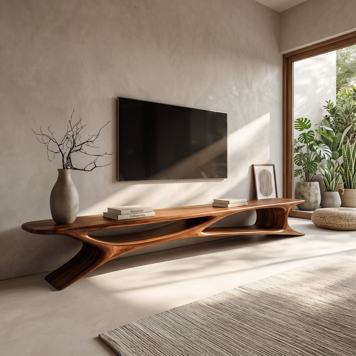 Handcrafted Sculptural Wooden TV Stand For Living Room