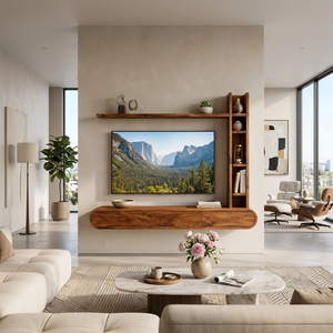 Wooden Floating TV Stand With Tall Open Shelf For Living