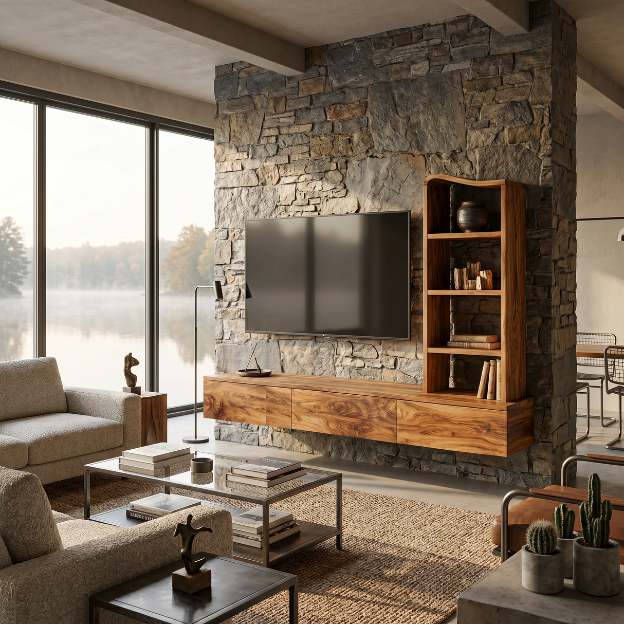 Wood Wall Mounted TV Console With Side Storage For Living