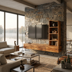 Wood Wall Mounted TV Console With Side Storage For Living