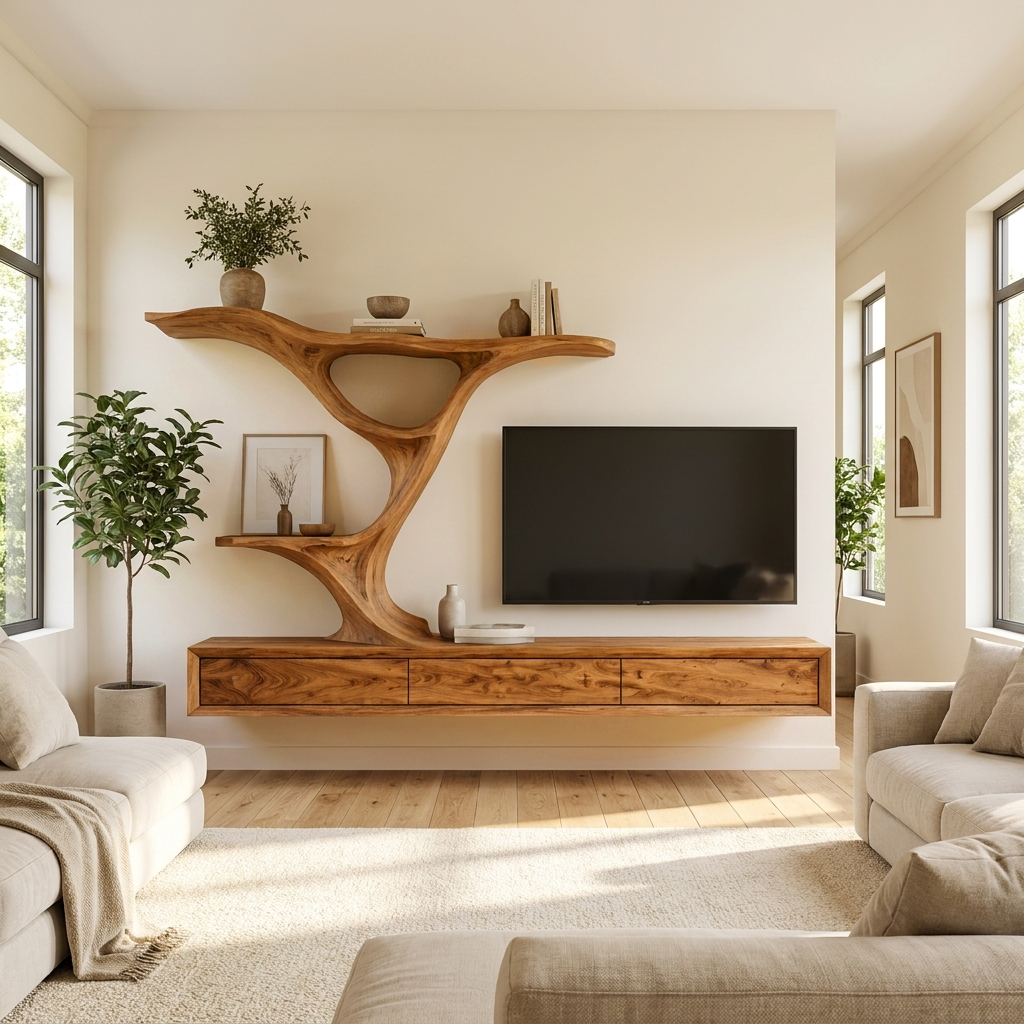 Wooden Floating TV Stand With Side Branch-shaped Storage For Living