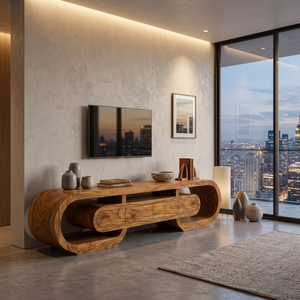 Modern Wood TV Cabinet Curved Design With Drawers For Living