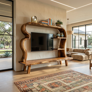 Wood TV Stand With Undulating Frame For Living Room Decor
