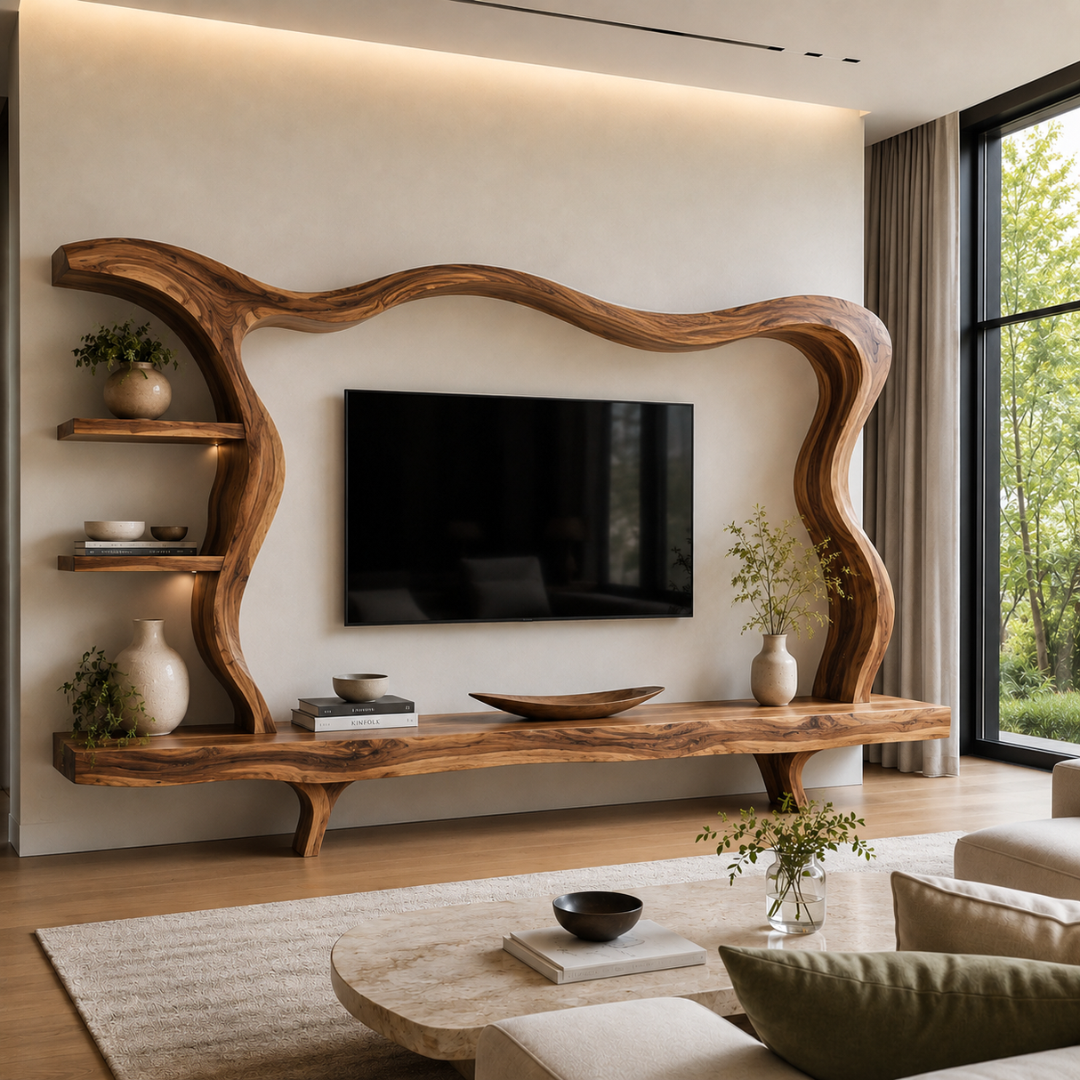 Modern Wood TV Stand With Flowing Frame For Home Decor
