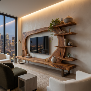 Wooden TV Stand With Frame Includes Display Shelves For Home