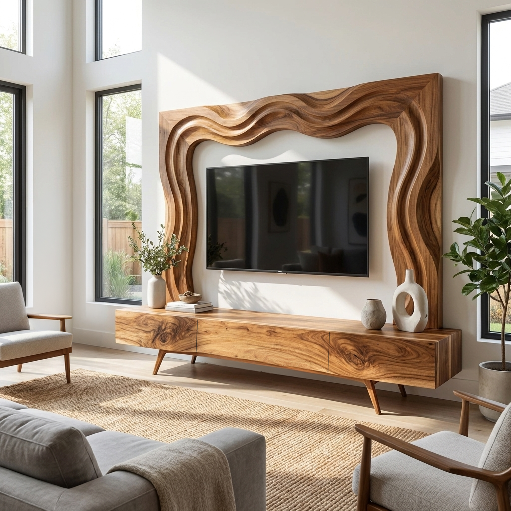 Rustic Wooden TV Console With Carved Frame For Living Decor